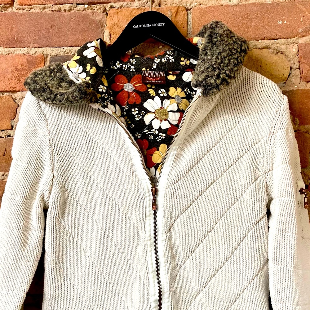 Vintage INDUSTRY Cream Sweater Zip-Up Jacket with Faux Fur Hood. Medium.